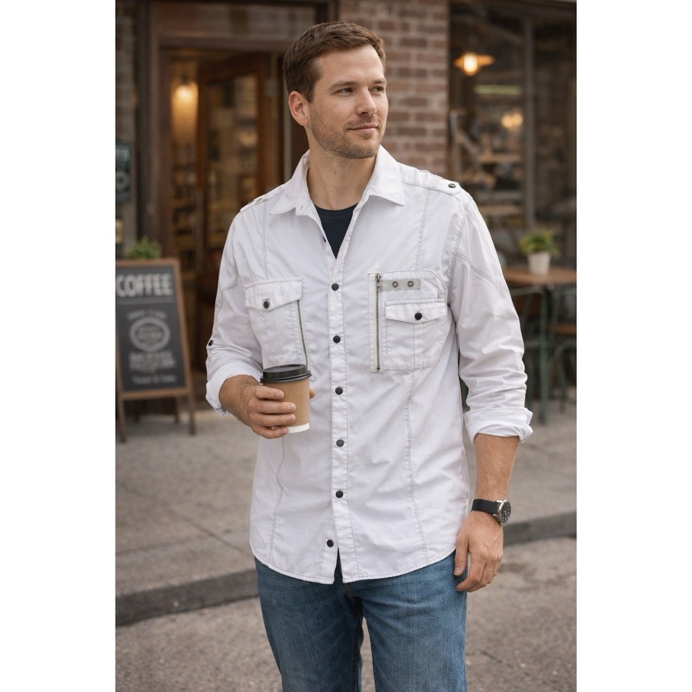 Vertical‎ Sport Mens XL White Safari Utility Shirt Zip Pocket Y2K